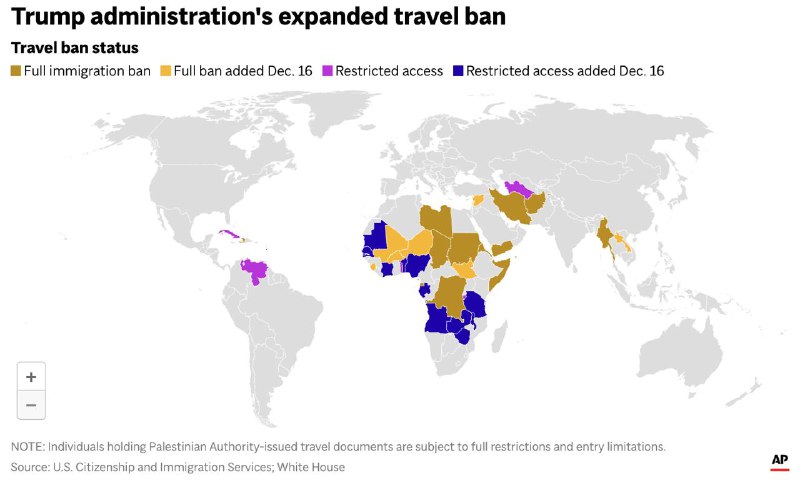 特朗普12月16日宣布对布基纳法索、马里、尼日尔、南苏丹和叙利亚5国公民以及对持有巴勒斯坦民族权力机构签发旅行证件的个人实施全面入境限制，另外对尼日利亚、塞内加尔等15个国家实施部分入境限制